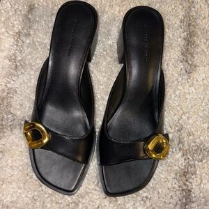 Rebecca Minkoff Black Mules with Gold Buckle